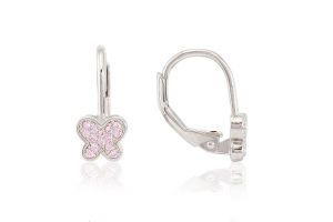 Ezüst gyermek fülbevaló patentzáras pillangó sok apró rózsaszín kővel - Ezüst gyerek fülbevaló