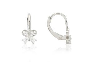 Ezüst gyermek fülbevaló patentzáras pillangó fehér kővel ródiumbevonatos - Arany baba fülbevalók