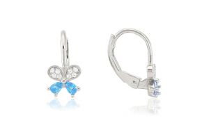 Ezüst gyermek fülbevaló patentzáras pillangó fehér és világoskék kővel ródiumbevonatos - Ezüst gyerek fülbevaló