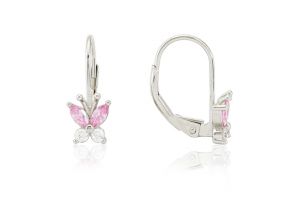 Ezüst gyermek fülbevaló patentzáras ródiumbevonatos pillangó fehér és rózsaszín kövekkel  - Ezüst gyerek fülbevaló