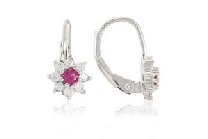 Ezüst  gyermek fülbevaló patentzáras virág pink és fehér kövekkel - Arany baba fülbevalók