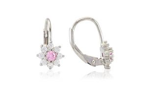 Ezüst  gyermek fülbevaló patentzáras virág rózsaszín és fehér kövekkel - Arany baba fülbevalók