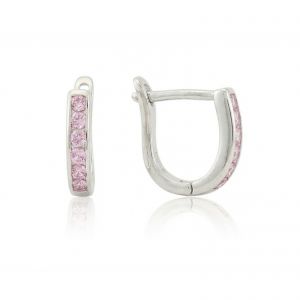 Ezüst fülbevaló franciazáras keskeny kivitelű apró rózsaszín kövekkel - 