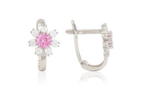 Fehér arany baba és gyermek fülbevaló franciakapcsos virág alakú rózsaszín és fehér kövekkel - Arany baba fülbevalók