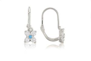 Fehér arany baba fülbevaló elölkapcsos négyszirmú virág világoskék kővel - Arany gyerek fülbevaló
