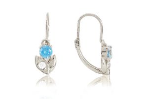 Fehér arany fülbevaló elölkapcsos virág világoskék és fehér kövekkel - Arany baba fülbevalók