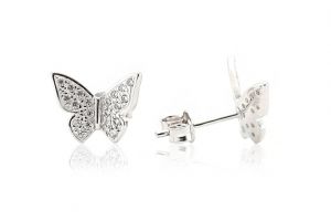 Fehér arany fülbevaló stekkeres pillangó sok fehér kővel - Arany baba fülbevalók