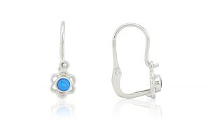 Fehér arany gyermek fülbevaló elölkapcsos áttört virág kék kővel - Arany gyerek fülbevaló