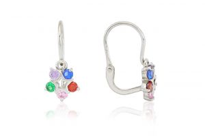 Fehér arany gyermek fülbevaló elölkapcsos csillagvirág színes kövekkel - Arany baba fülbevalók