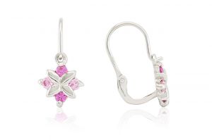 Fehér arany gyermek fülbevaló elölkapcsos négy foglalt kővel rózsaszín és pink - Arany baba fülbevalók