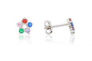 Fehér arany gyermek fülbevaló stekkeres áttört csillagvirág tarka kövekkel - Arany baba fülbevalók