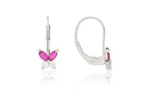 Fehér arany gyermek fülbevaló patentzáras pillangó pink és fehér kövekkel - Arany baba fülbevalók
