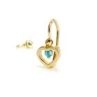 Arany baba fülbevaló kék kővel - áttört szív forma, 14K előlkapcsos zár